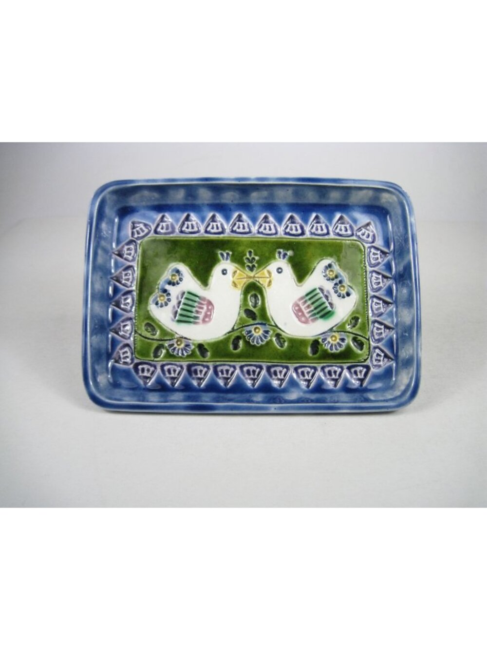 Vintage Blue Ceramic Tray Bird Motif Green Accents Artisan Signed Studio